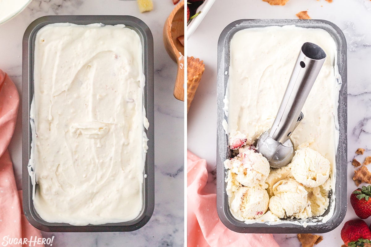 Process collage showing frozen No-Churn Strawberry Shortcake Ice Cream and scoops of the ice cream.