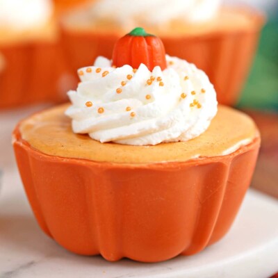 Pumpkin Pie Mousse Cup in orange candy bowl.