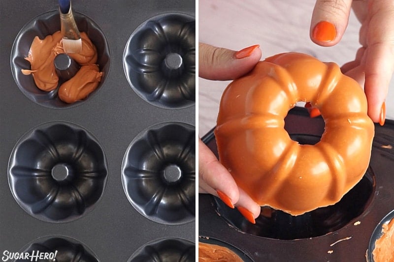 2 photo process picture of spreading melted candy into mini bundt pans and hardening into a partially prepared bowl for the pumpkin pie mousse cups.
