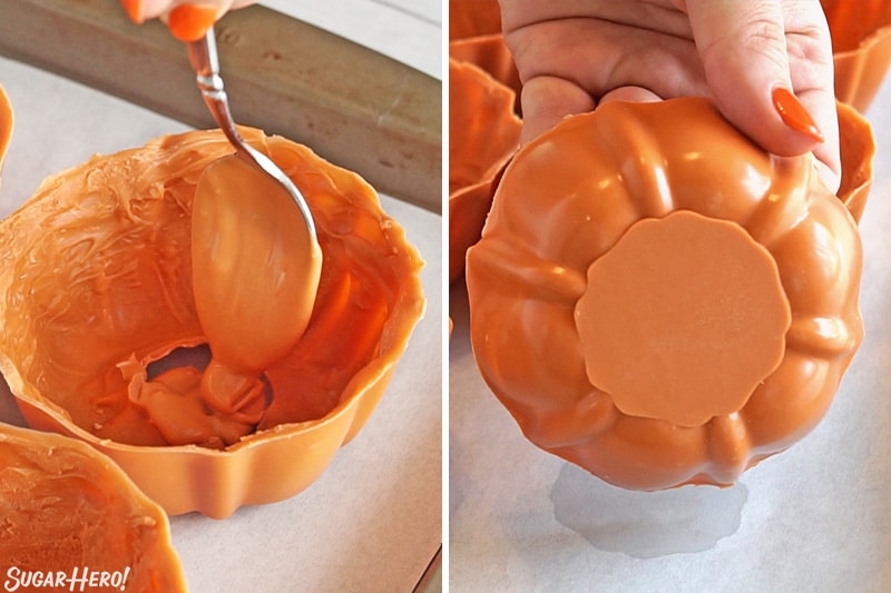 2 photo process picture of sealing the bottom of the candy bowl with melted candy for the pumpkin pie mousse cups.