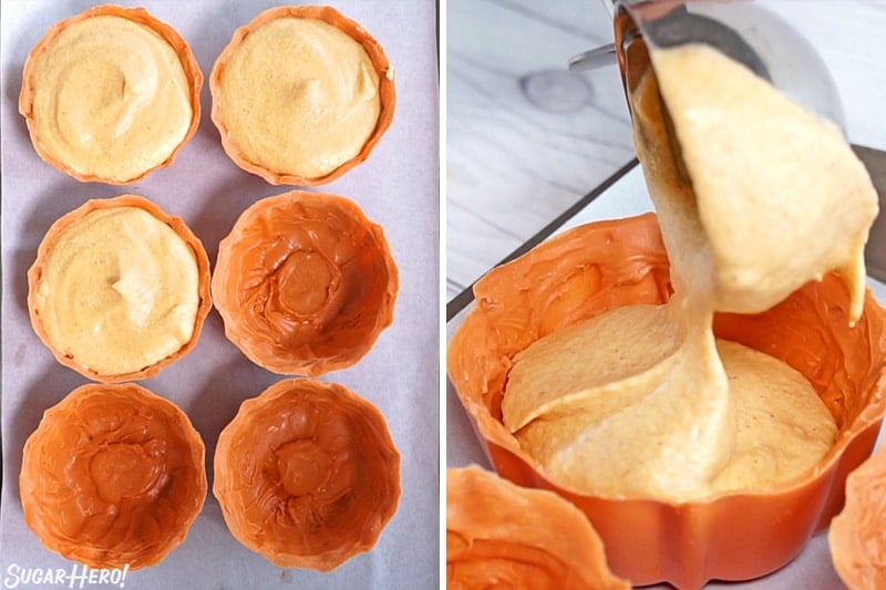 2 photo process picture of ladling filling into candy bowls for pumpkin pie mousse cups.