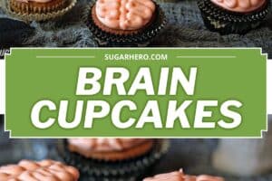 2 photo collage of Brain Cupcakes with text overlay for Pinterest.