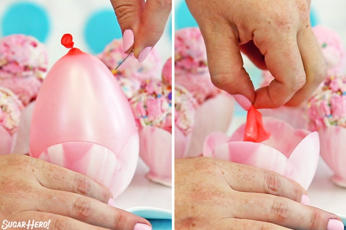 2 photo process picture a pin popping the balloon inside a Chocolate Bowl and a hand removing the shriveled balloon.