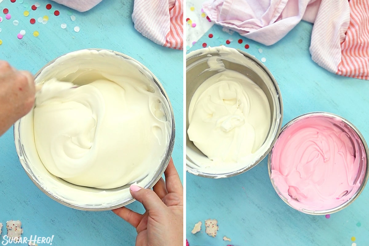 2 photo process picture of mixed ice cream batter being split into a bowl of white and another of pink for Circus Animal No-Churn Ice Cream.