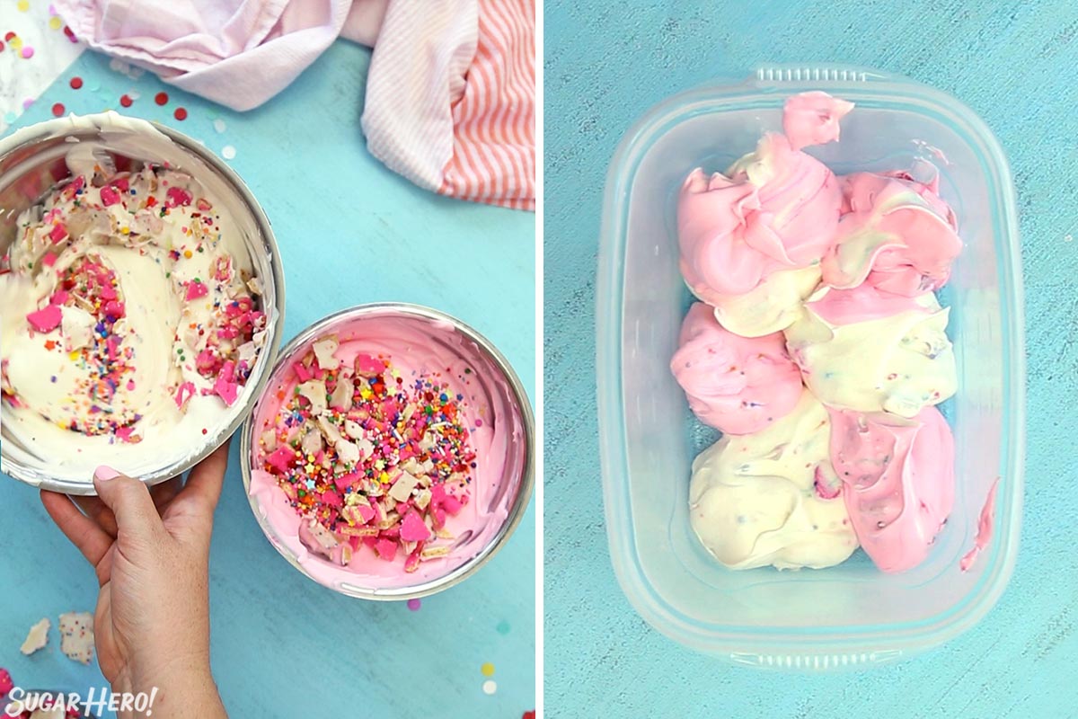 2 photo process picture of pink and white bowls of Circus Animal No-Churn Ice Cream with cookies and sprinkles ready to be stirred in and then scooped into a plastic container.