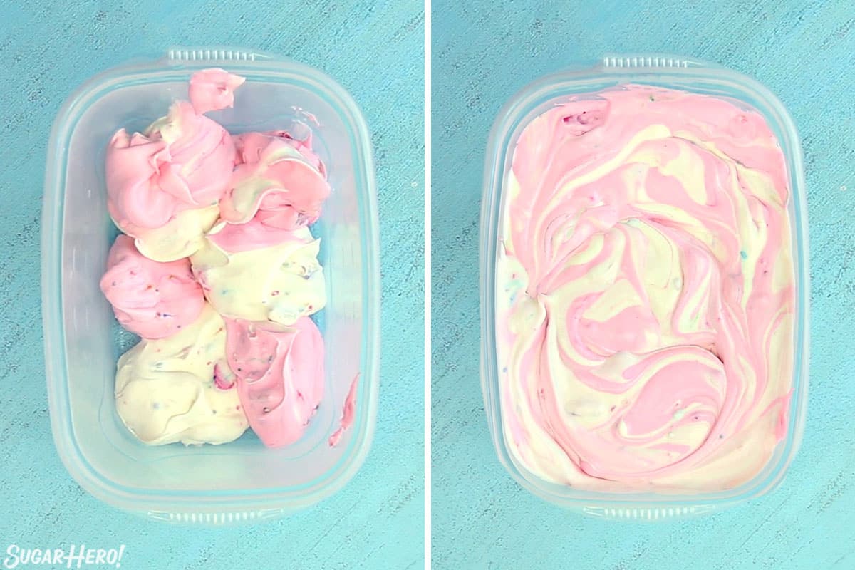 2 photo process picture of pink and white scoops of Circus Animal No-Churn Ice Cream in a plastic container and then a photo of the scoops swirled together.