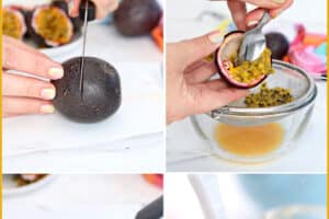 Four photo collage showing how to make passion fruit puree for Pinterest.