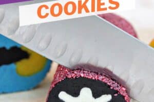 1 photo of Slice and Bake Halloween Cookies with text overlay for Pinterest.