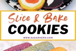 2 photo collage of Slice and Bake Halloween Cookies with text overlay for Pinterest.