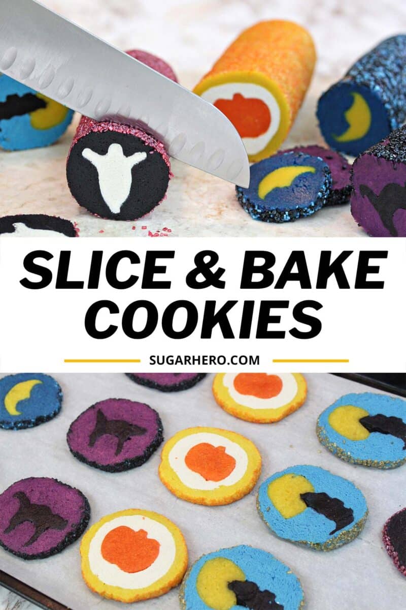 2 photo collage of Slice and Bake Halloween Cookies with text overlay for Pinterest.