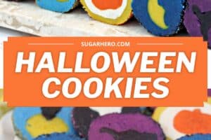 2 photo collage of Slice and Bake Halloween Cookies with text overlay for Pinterest.
