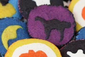 1 photo of Slice and Bake Halloween Cookies with text overlay for Pinterest.