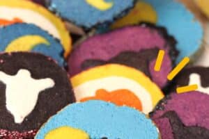 1 photo of Slice and Bake Halloween Cookies with text overlay for Pinterest.