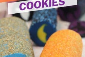 1 photo of Slice and Bake Halloween Cookies with text overlay for Pinterest.