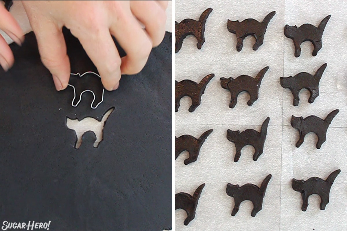 2 photo process picture of cutting out black cats and placing them on parchment paper to freeze and form the interior of Slice and Bake Halloween Cookies.