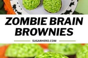 2 photo collage of Zombie Brain Brownie Bites with text overlay for Pinterest.