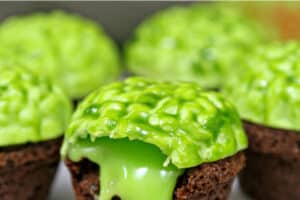 1 photo of Zombie Brain Brownie Bites with text overlay for Pinterest.