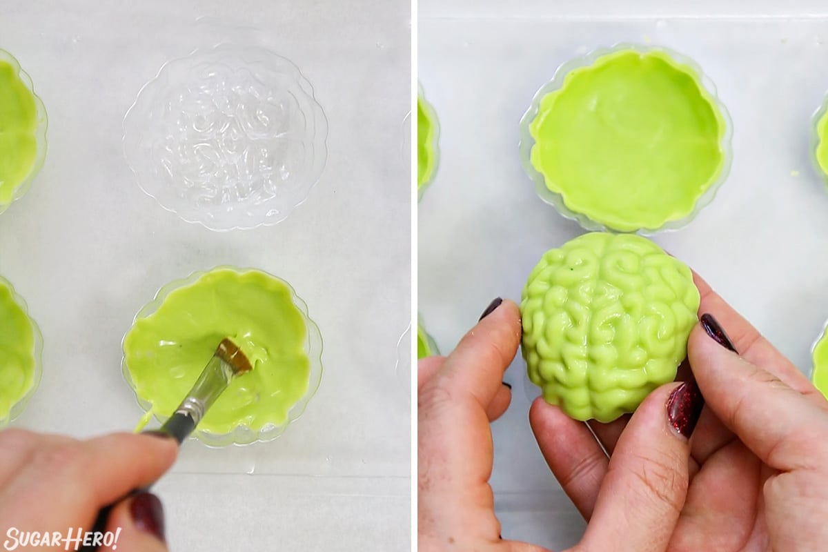 2 photo process picture of painting brain mold with green candy coating and then removing hardened "brain" candy for Zombie Brain Brownie Bites.