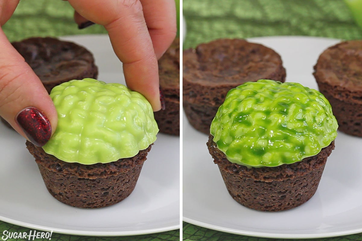 2 photo process picture of placing candy "brain" mold over the ganache and creating glistening effect with green jelly for Zombie Brain Brownie Bites.