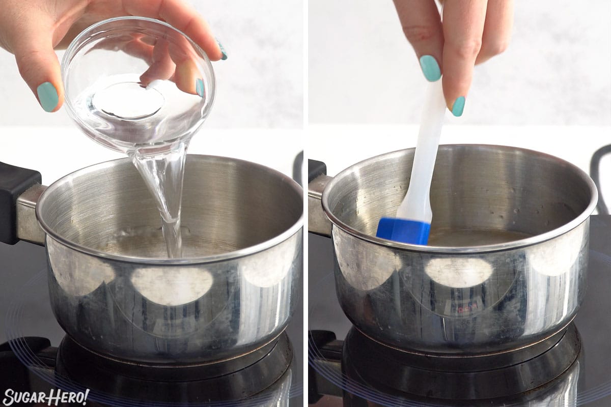 Two photo collage showing how to combine and stir ingredients for rock candy.