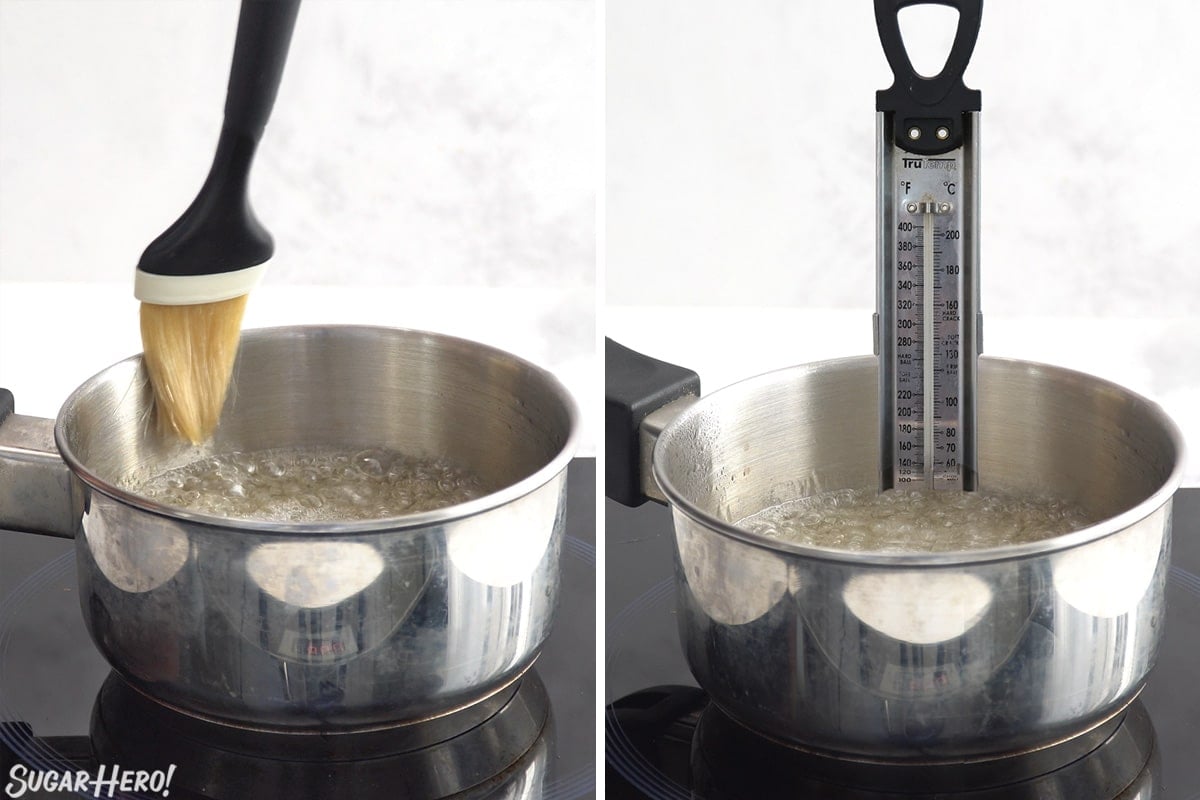 Two photo collage showing how to boil sugar syrup for rock candy.