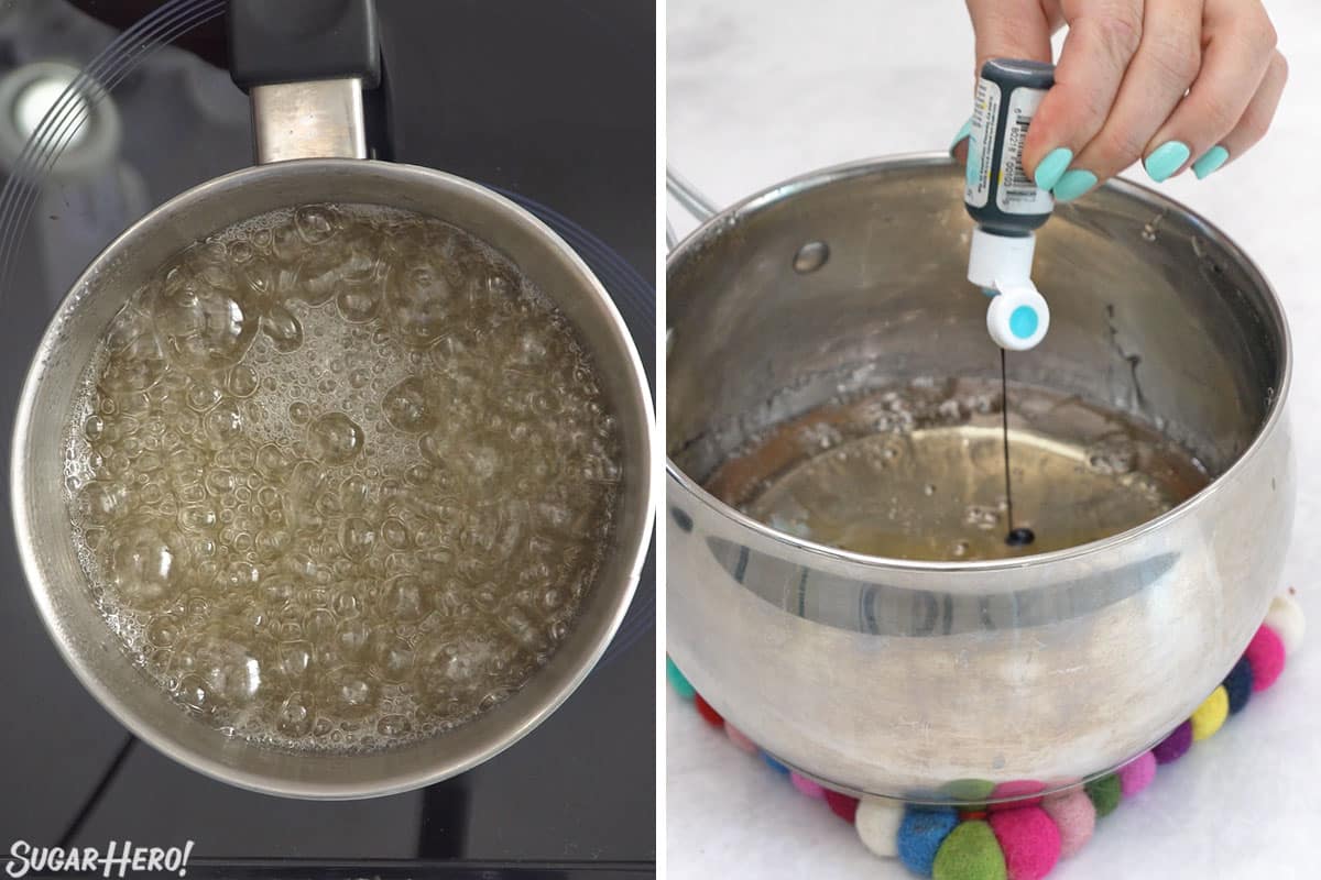 Two photo collage showing how to boil and color Breaking Bad Rock Candy.