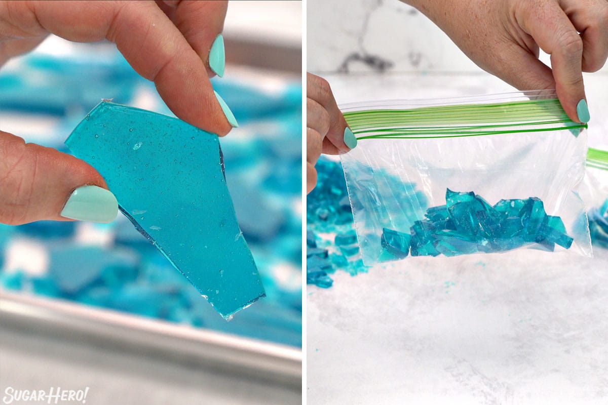 Two photo collage showing how to package Breaking Bad Rock Candy in plastic baggies.