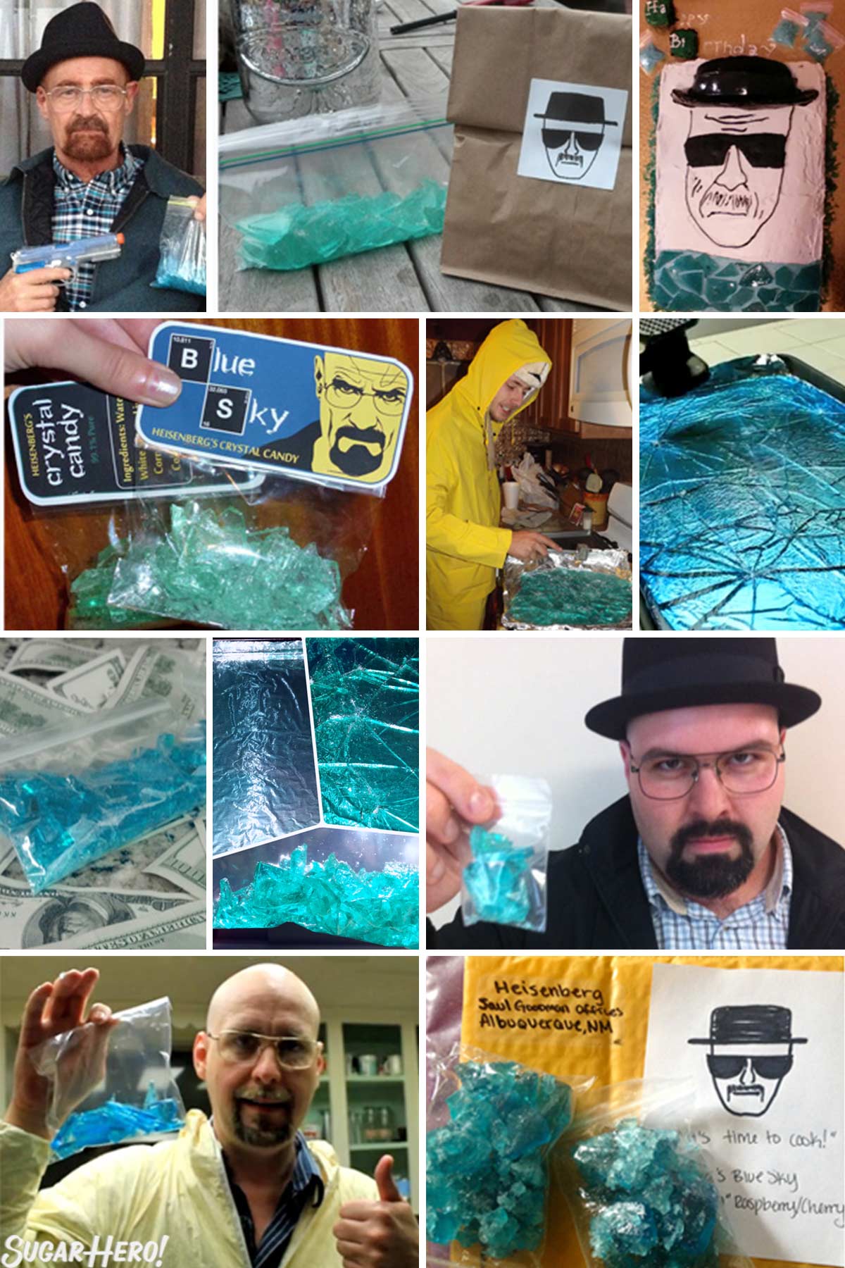 Photo collage of blue rock candy and people dressed as characters from Breaking Bad.