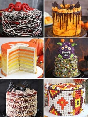 Six photo collage of Halloween cake designs.