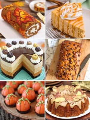 Collage of six pumpkin dessert recipes in a vertical grid.