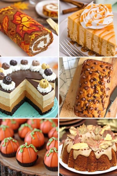 Collage of six pumpkin dessert recipes in a vertical grid.