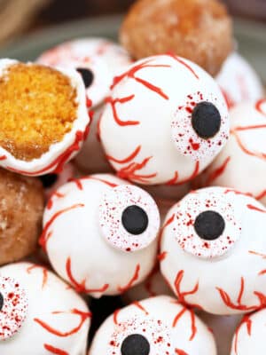 Close-up of stacked Donut Hole Eyeballs.