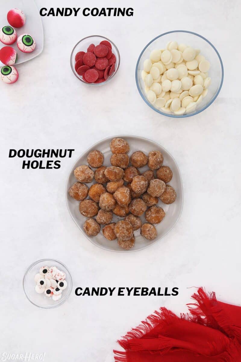Overhead shot of ingredients needed to make Donut Hole Eyeballs.