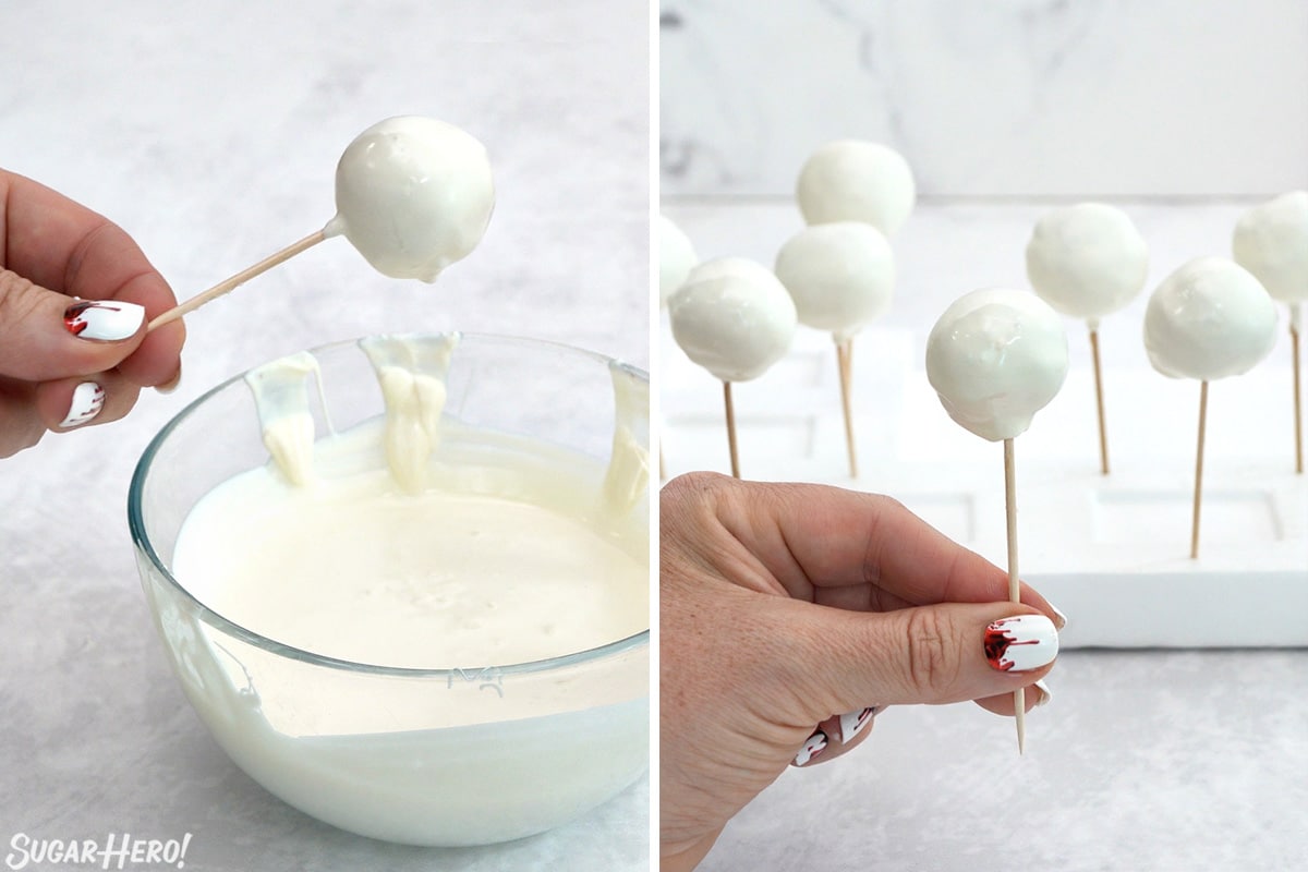 Two-photo collage showing how to dip donut holes in candy coating.