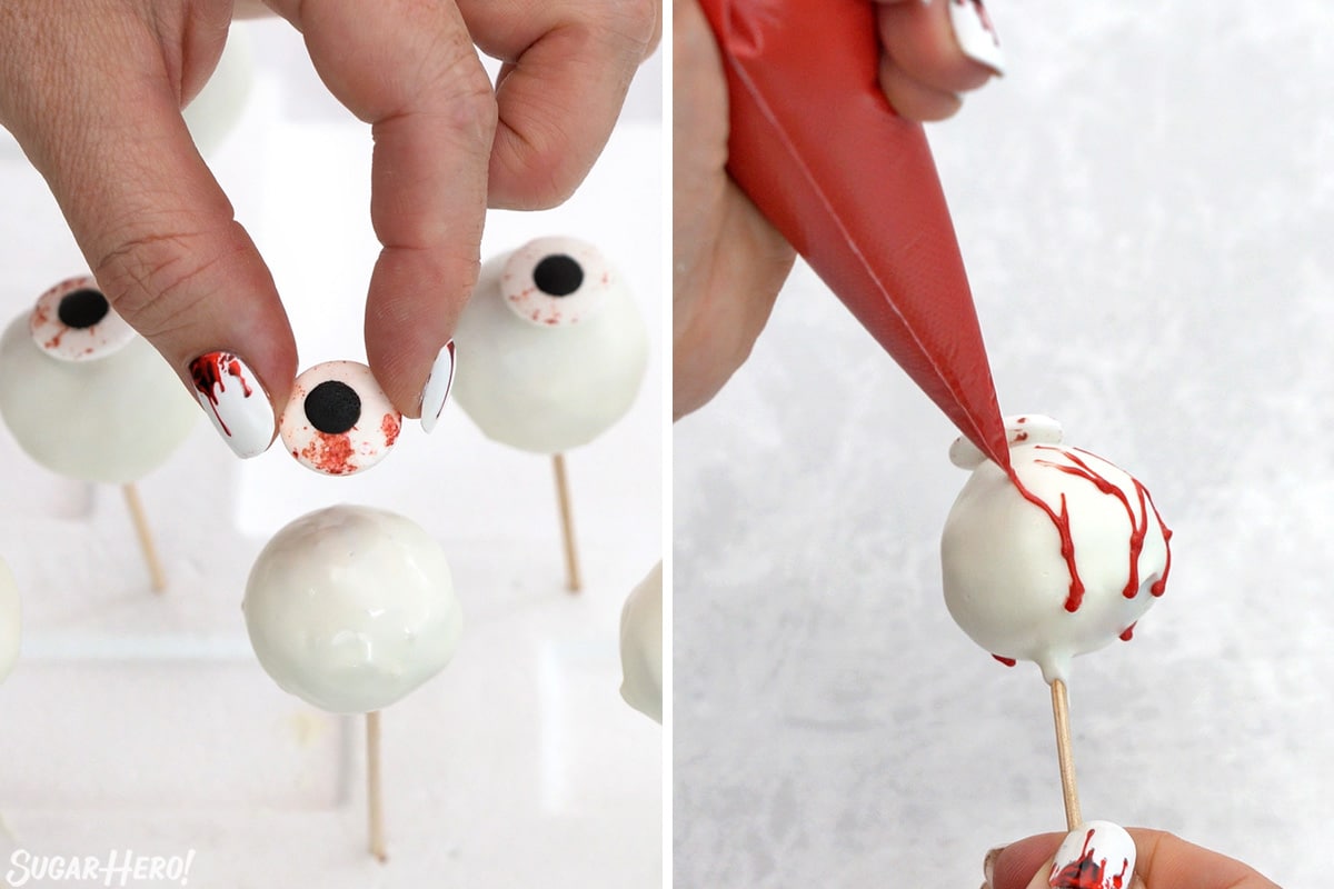 Two-photo collage showing how to add finishing decorations to Donut Hole Eyeballs.