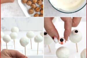 Photo collage showing how to make Donut Hole Eyeballs.