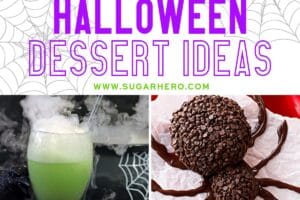Six photo collage of Halloween desserts with text overlay for Pinterest.