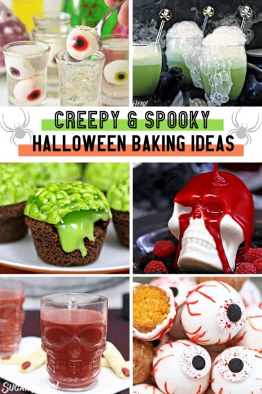 Six photo collage of Halloween desserts with text overlay for Pinterest.