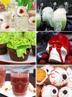 Four photo collage of spooky Halloween desserts.