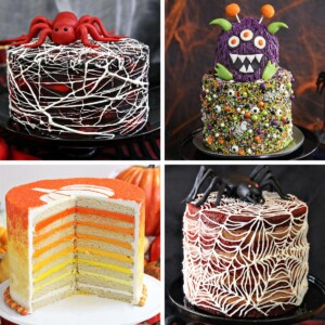 Four photo collage of Halloween cake designs.