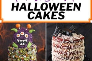 Six photo collage of Halloween cakes with text overlay for Pinterest.