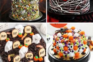 Six photo collage of Halloween cakes with text overlay for Pinterest.
