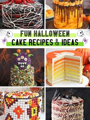 Six photo collage of Halloween cake designs with text overlay.