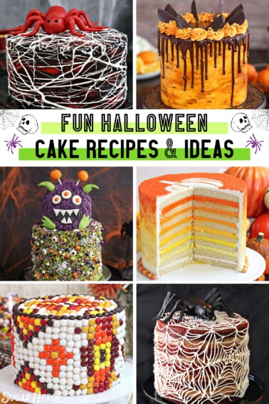 Six photo collage of Halloween cake designs with text overlay.