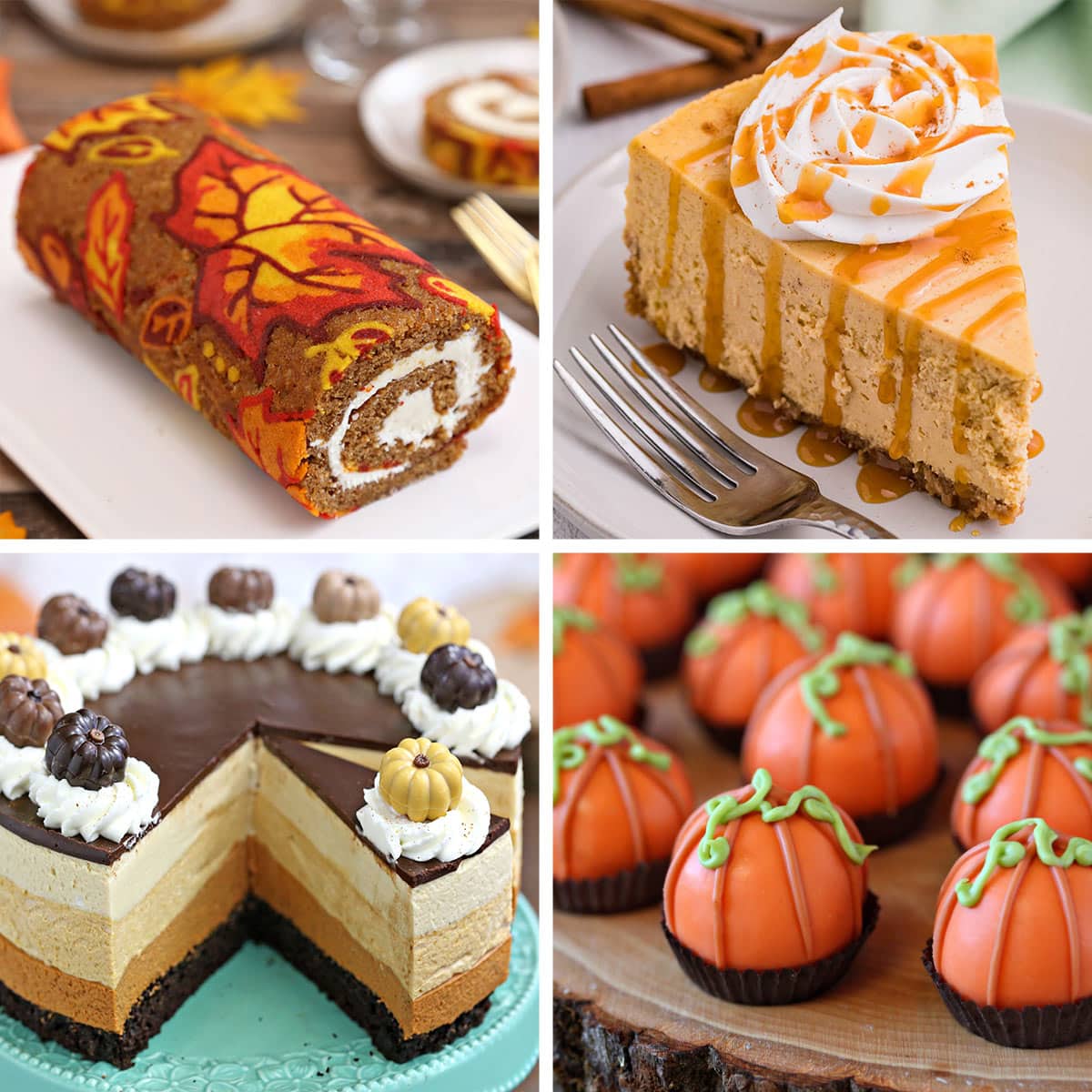 Collage of four pumpkin desserts in a square grid.