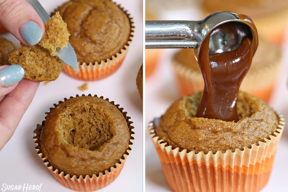 2 photo process picture of making Pumpkin Spice Hi-Hat Cupcakes by cutting a cone-shaped hole out of the top of the cupcakes and scooping a spoonful of salted caramel sauce into the hole.