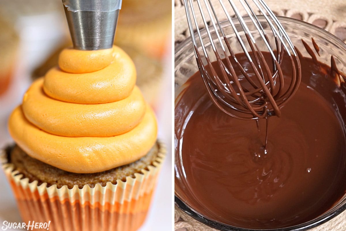 2 photo process picture of making Pumpkin Spice Hi-Hat Cupcakes by piping the frosting in one big decorative swirl on top of the cupcakes and preparing the chocolate glaze..