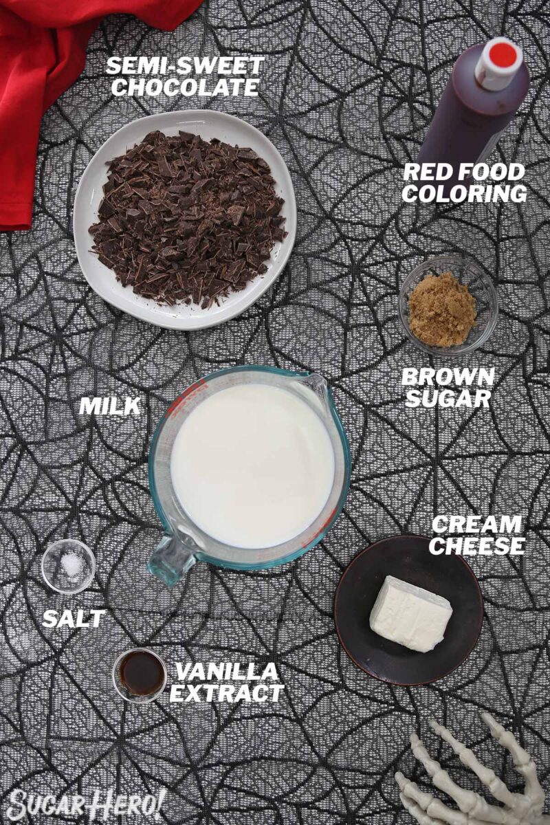 Overhead shot of ingredients needed to make Red Velvet Hot Chocolate.