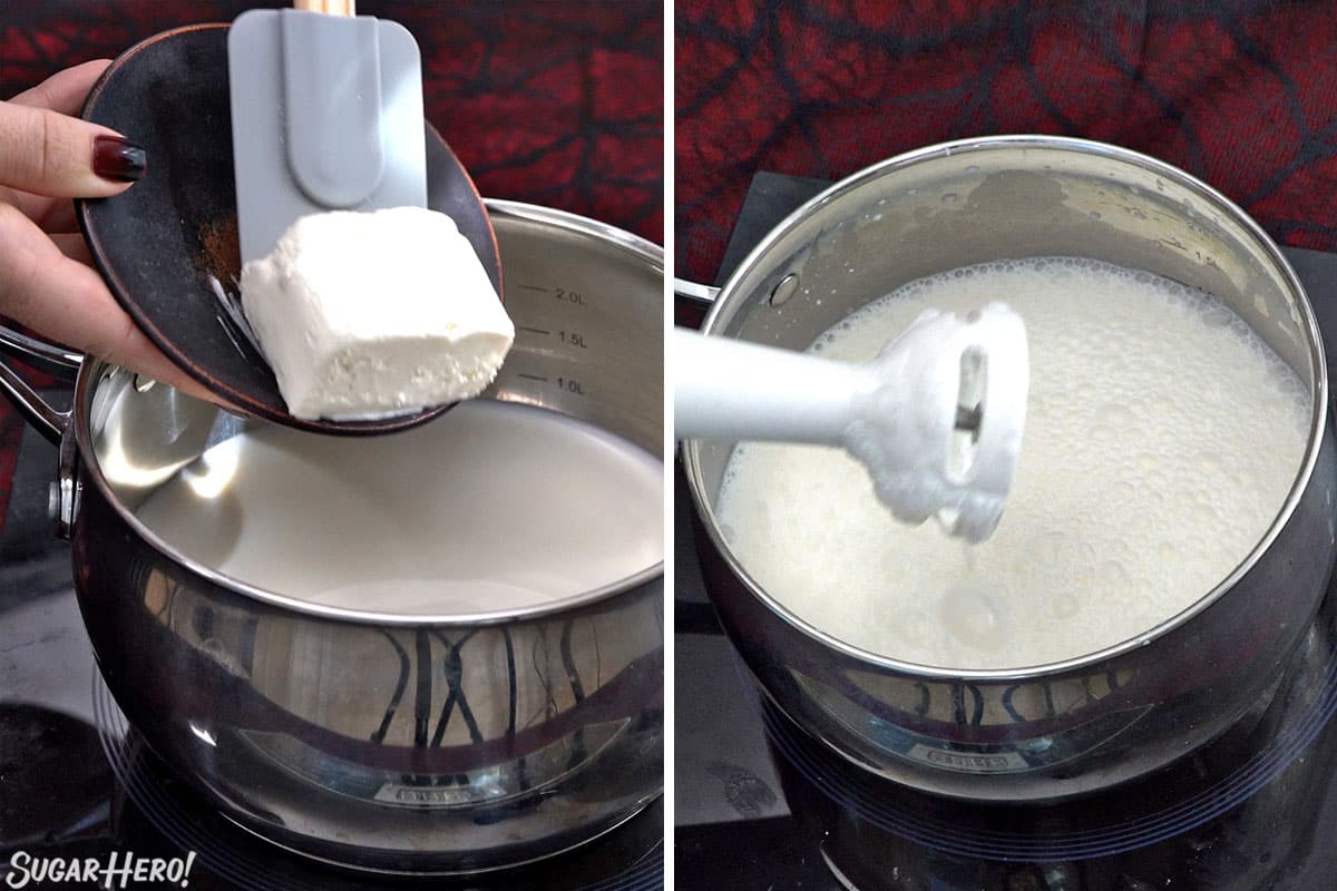 Two photo collage showing how to blend cream cheese and milk to make Red Velvet Hot Chocolate.