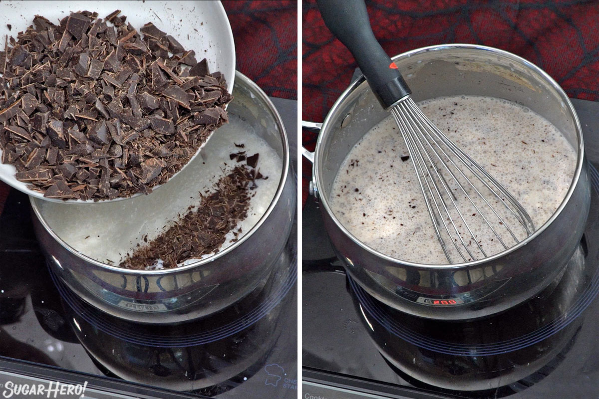 Two photo collage showing adding chocolate and whisking hot chocolate.